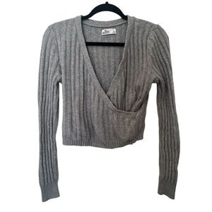 Hollister Women's Gray Wrapped Cropped Sweater Long Sleeve Y2K